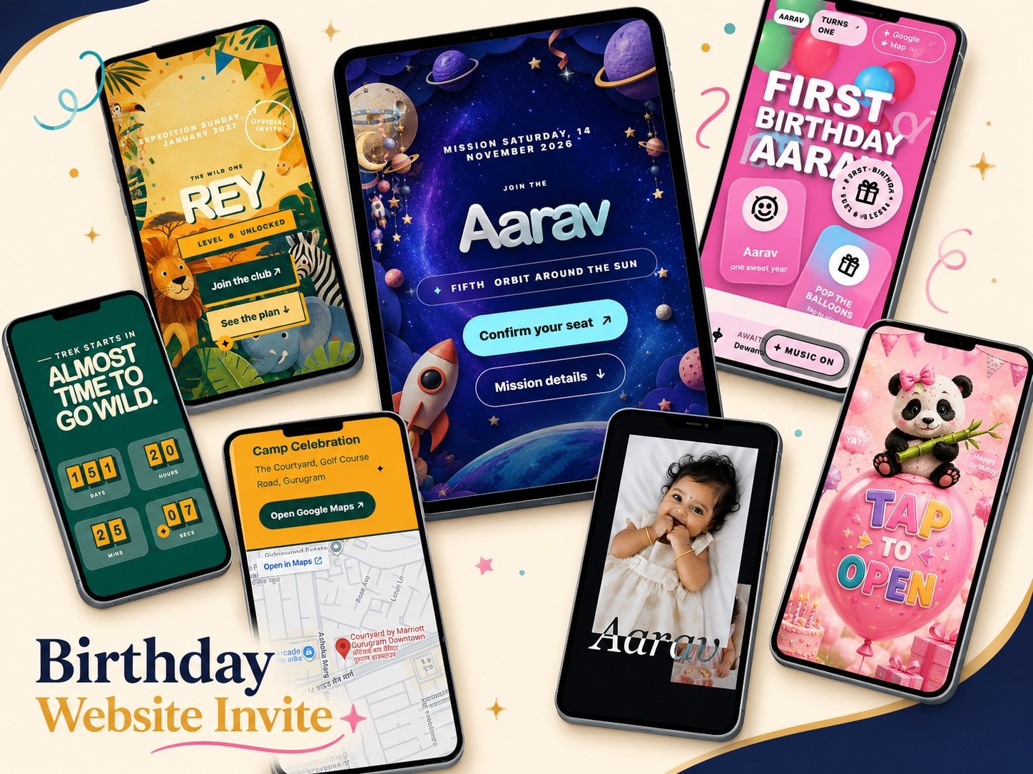 Birthday website invitation previews across devices