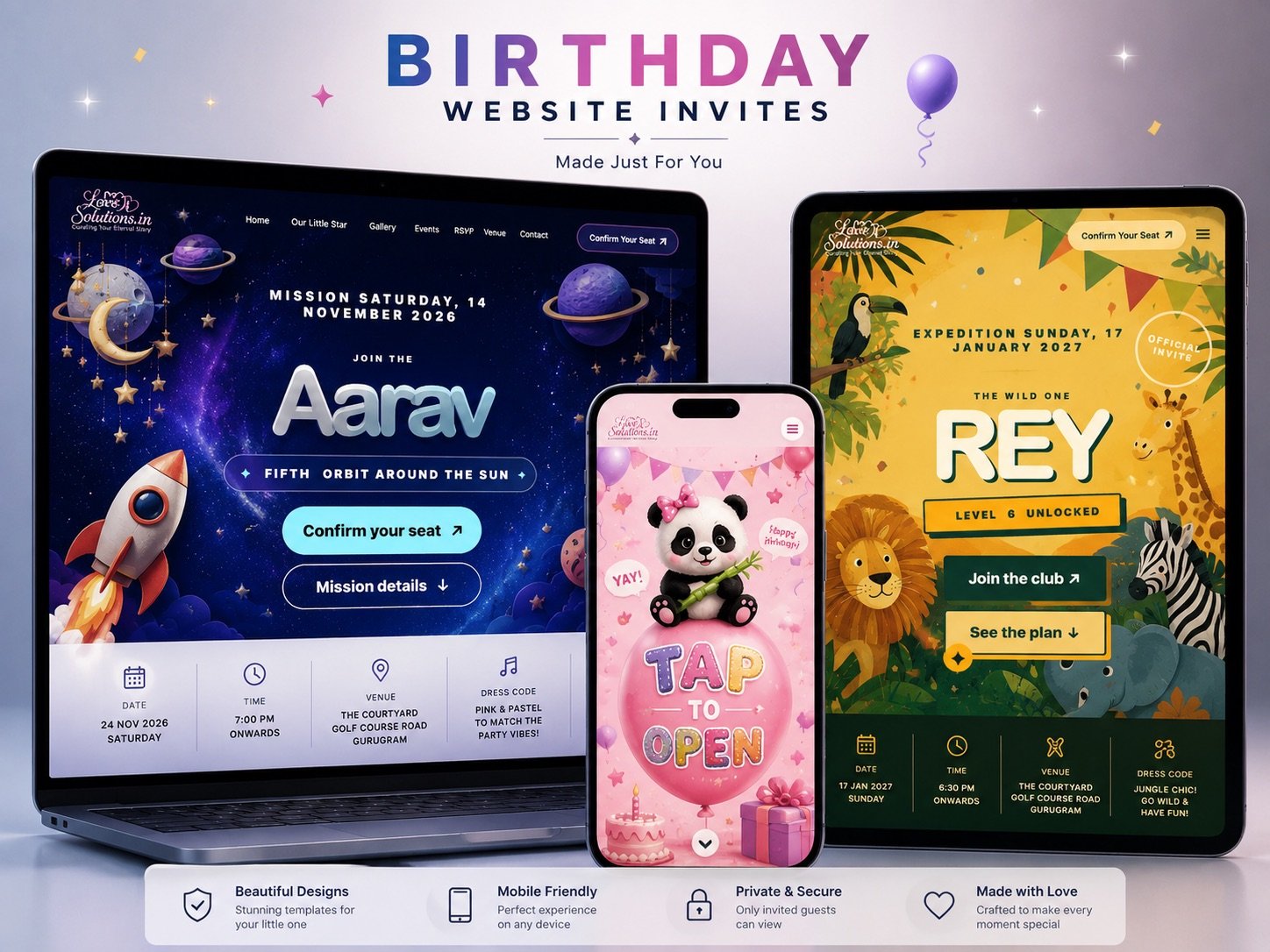 Birthday invitation previews on laptop, phone and tablet