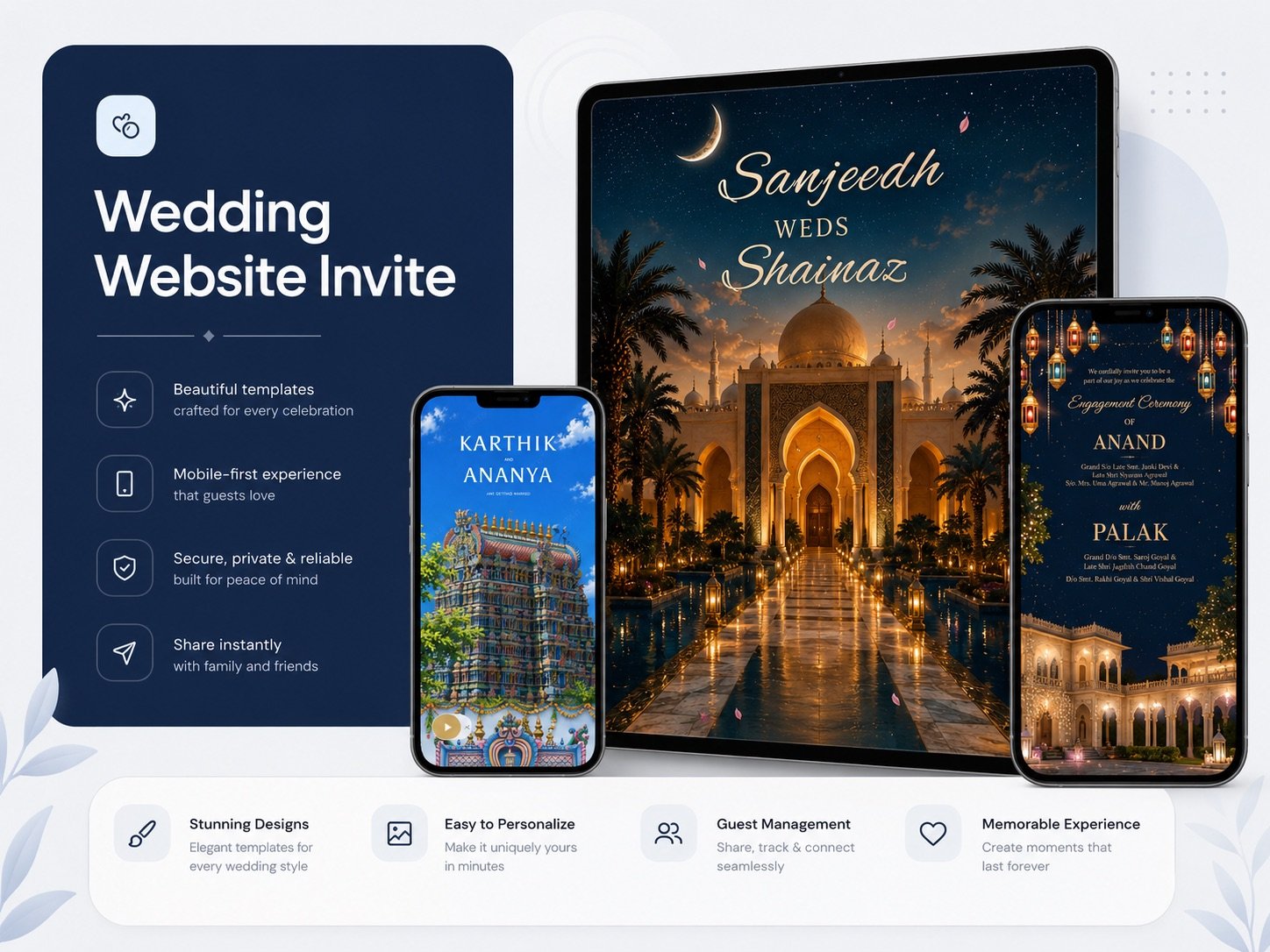 Wedding website invitation previews across mobile and tablet